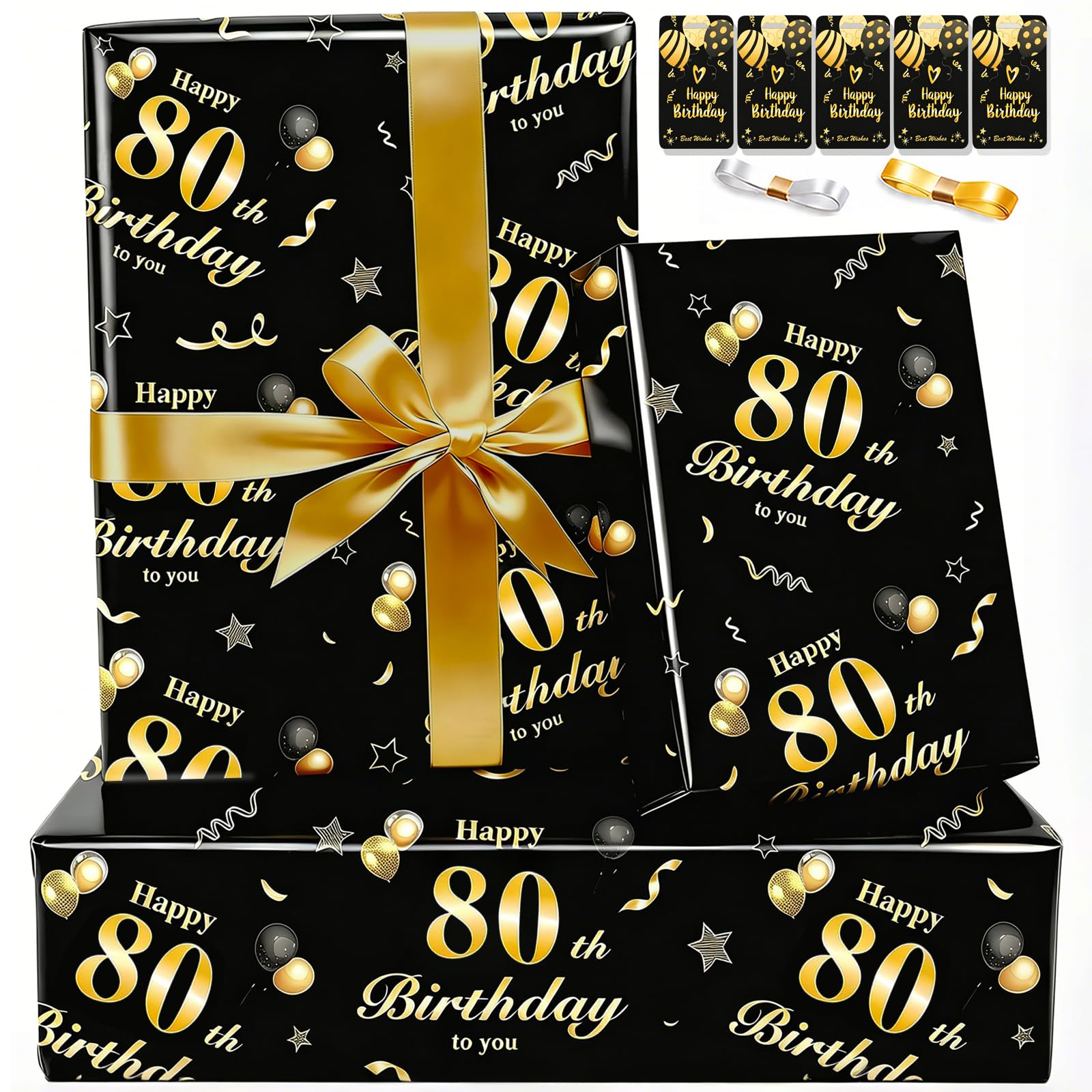 Wrapping Paper 80th Birthday Wrapping Paper for Men Him Premium Black Gold Gift Wrapping Paper Sheets for Present Classy Luxury Gift Wrap Birthday Paper Set with Ribbon Tags for Dad Granddad Husband