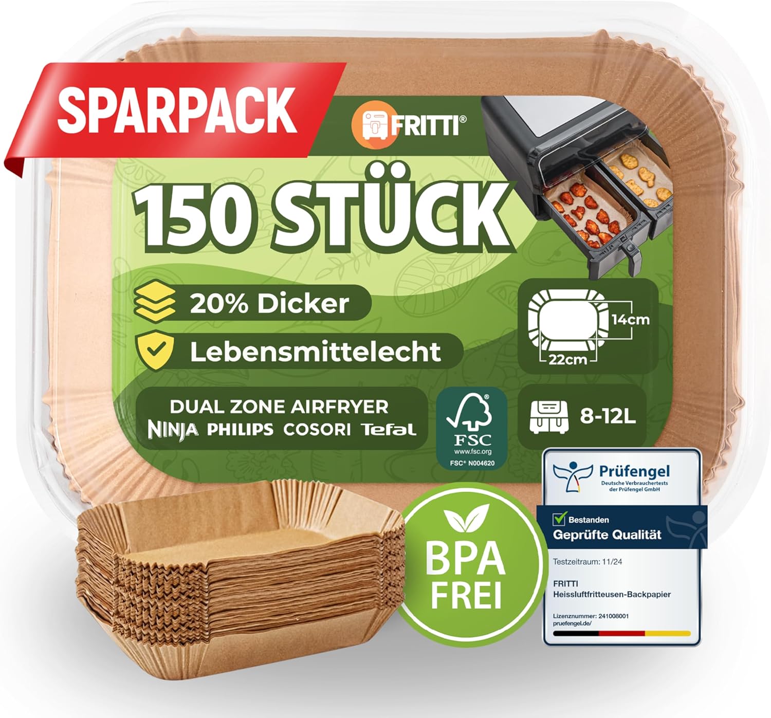 150 Stück Airfryer Backpapier 22x14cm - Heißluftfritteuse Einlagen Für Ninja Dual Zone