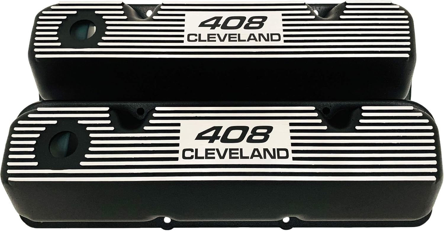 Compatible with Ford 408 Cleveland Logo Die-Cast Aluminum Black Valve Covers