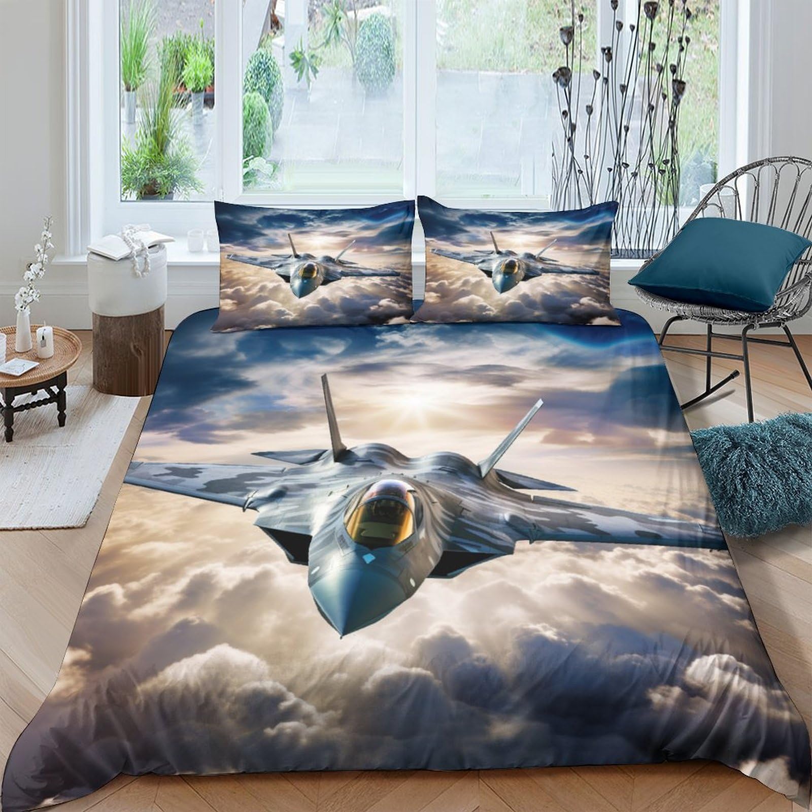 Aaharya Fighter Jet 3D Printed Design Duvet Cover Set,Soft Microfiber,With Pillowcases,Hidden Zipper,Airplane Bedding Set Double（200X200cm）