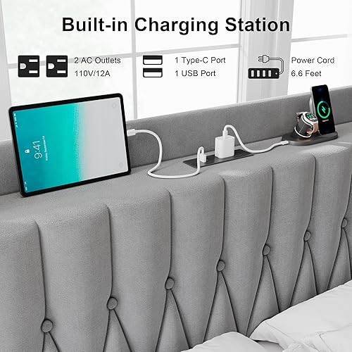 Miniatura 4 de Feonase Base de cama de terciopelo tamaño matrimonial con estación de carga rápida, camas de plataforma de metal con cabecera y estribo tapizados,