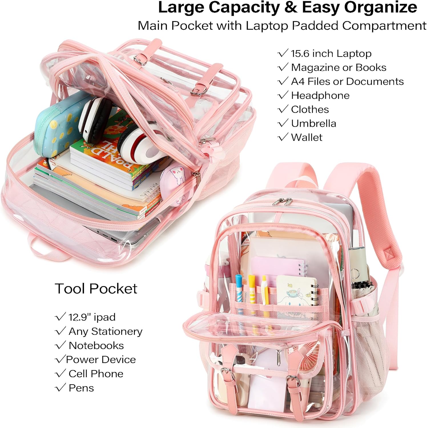 Clear Backpack for Girls Women Heavy Duty School BookBag Transparent Backpacks Stadium Approved See Through Backpack X-Large(Pink) - Image 3