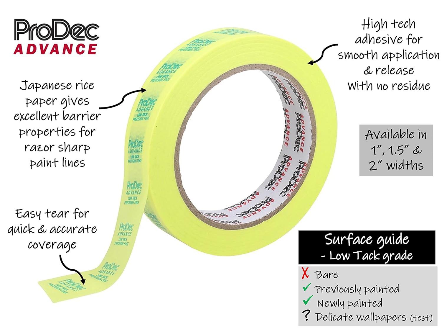 ProDec Advance Precision Edge Masking Tape 24mm x 50m Multi-Surface Low Sticky for Clean Lines No Paint Drip for Interior Surfaces Compatible with All Paints