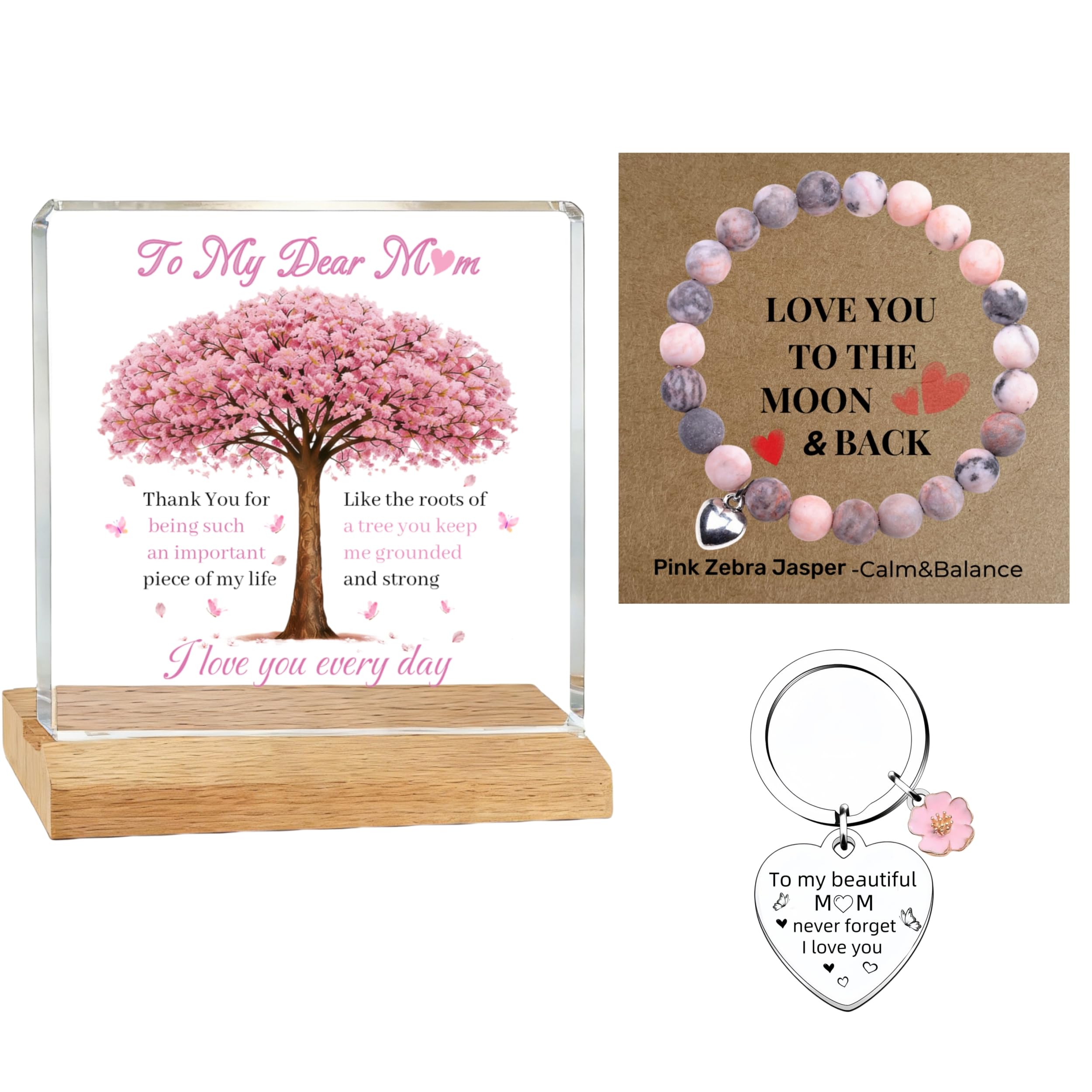 Qualisrugs Mum Mothers Day Gifts For Unique Gifts For Birthday Gifts Set, Mothers Day Presents From Daughter,Pink Zebra Jasper Beaded Wristlet & Cherry Blossom Keepsake Plaque