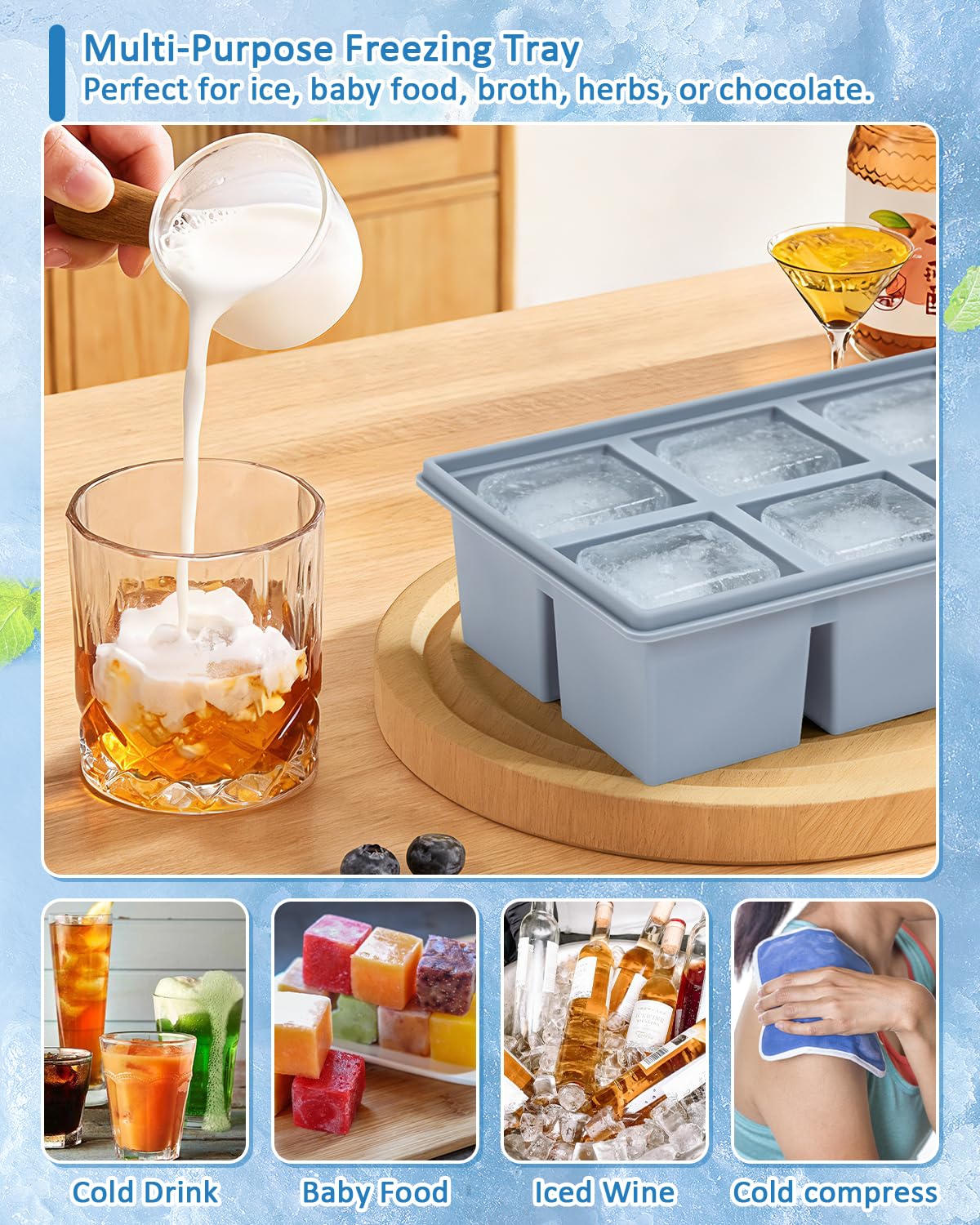 Cubiteras para Hielo Grande de Silicona con Tapa, Moldes Reutilizables de 2 Piezas