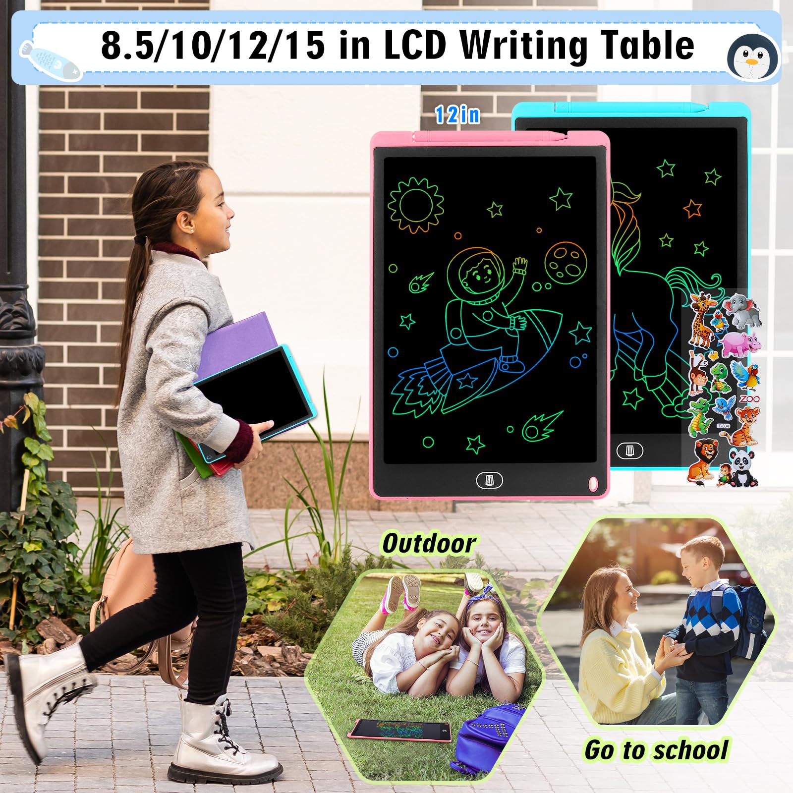 Tablette D'écriture LCD 12 Pouces 2 Pack, Tablette Dessin Écran Coloré, Bloc Effaçable avec Autocollants Animaux, Bleu + Rose