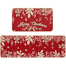 Christmas Kitchen Rugs Mat Set, Indoor Red Holiday Slip Doormat 2 Pack, Winter Essentials with Holly Pine Branches Leaves, Kitchen Rugs for Xmas Kitchen Bedroom Farmhouse Decorations
