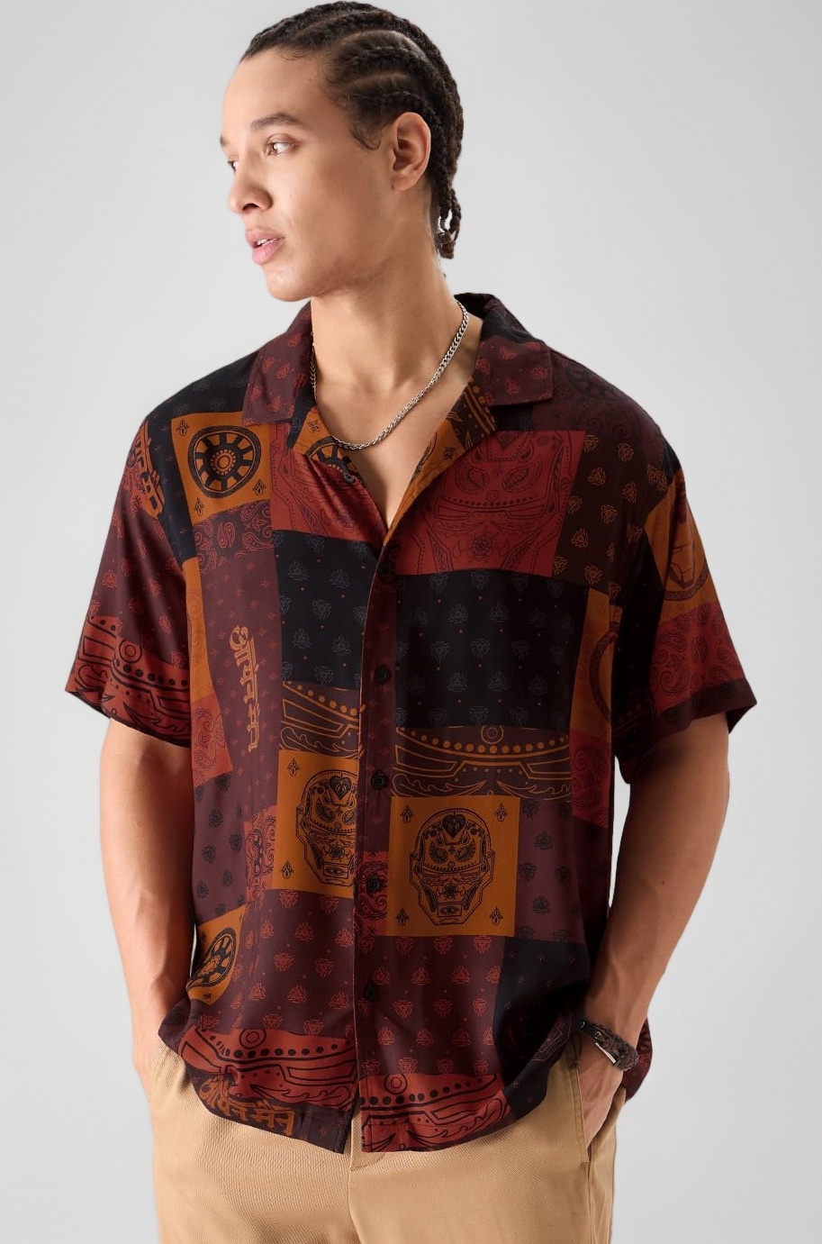 The Souled Store Official Iron Man: Pattern Men and Boys Short Sleeves Collared Neck Button Front Red All Over Printed Regular Fit Rayon Casual Streetwear Trendy Stylish Summer Shirt