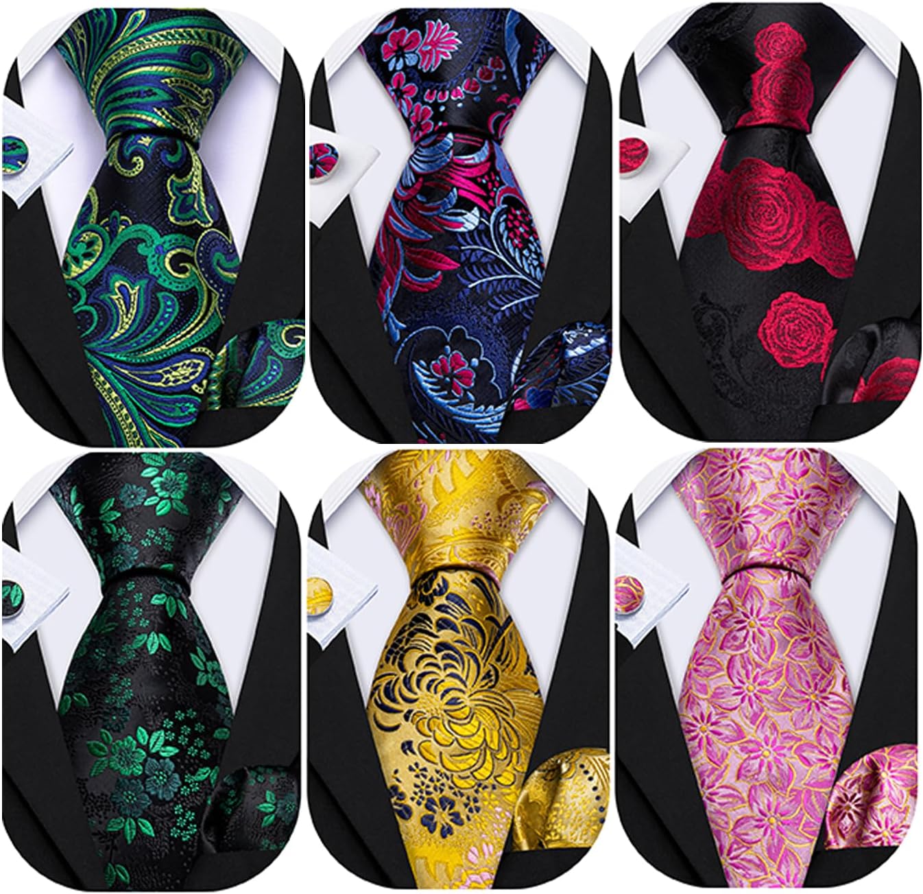Barry.Wang 6 PCS Men Ties Set Silk Business Fashion Woven Necktie Handkerchief Cufflinks Paisley Stripe Wedding Party