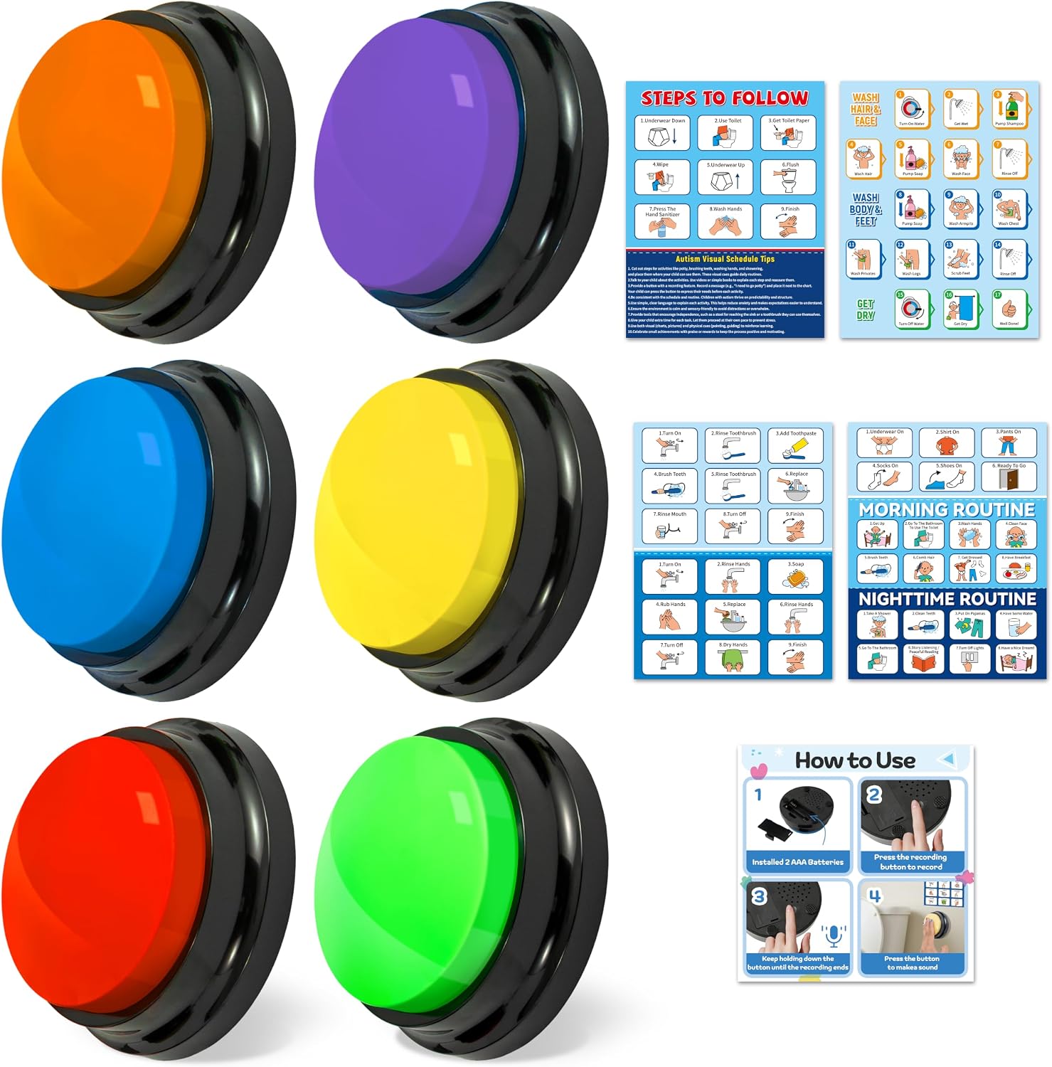 WATINC Autism Life Routine Chart - Visual Schedule Card with Speech Buttons | Morning & Night Behavior Chart, Autism Classroom Must Haves, Recordable Buttons, Visual Learning Materials for Home & School