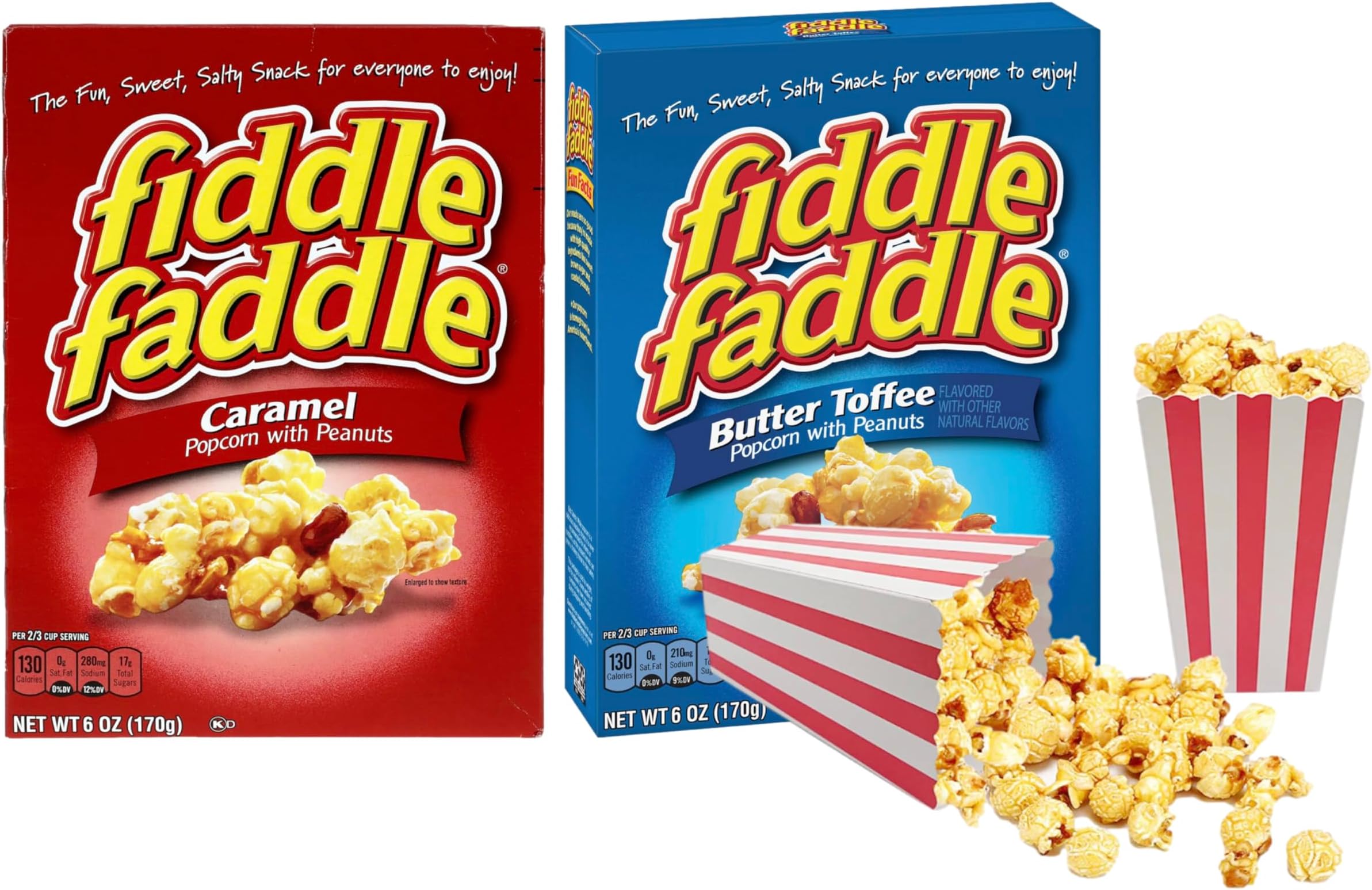 Popcorn Gift Set Featuring Fiddle Faddle Butter Toffee with Peanuts, 6 Oz | Caramel Popcorn With Peanuts, 6 Oz | Bundled with Two Soko Smiles Mini Movie Night Disposable Popcorn Boxes (Color May Vary)