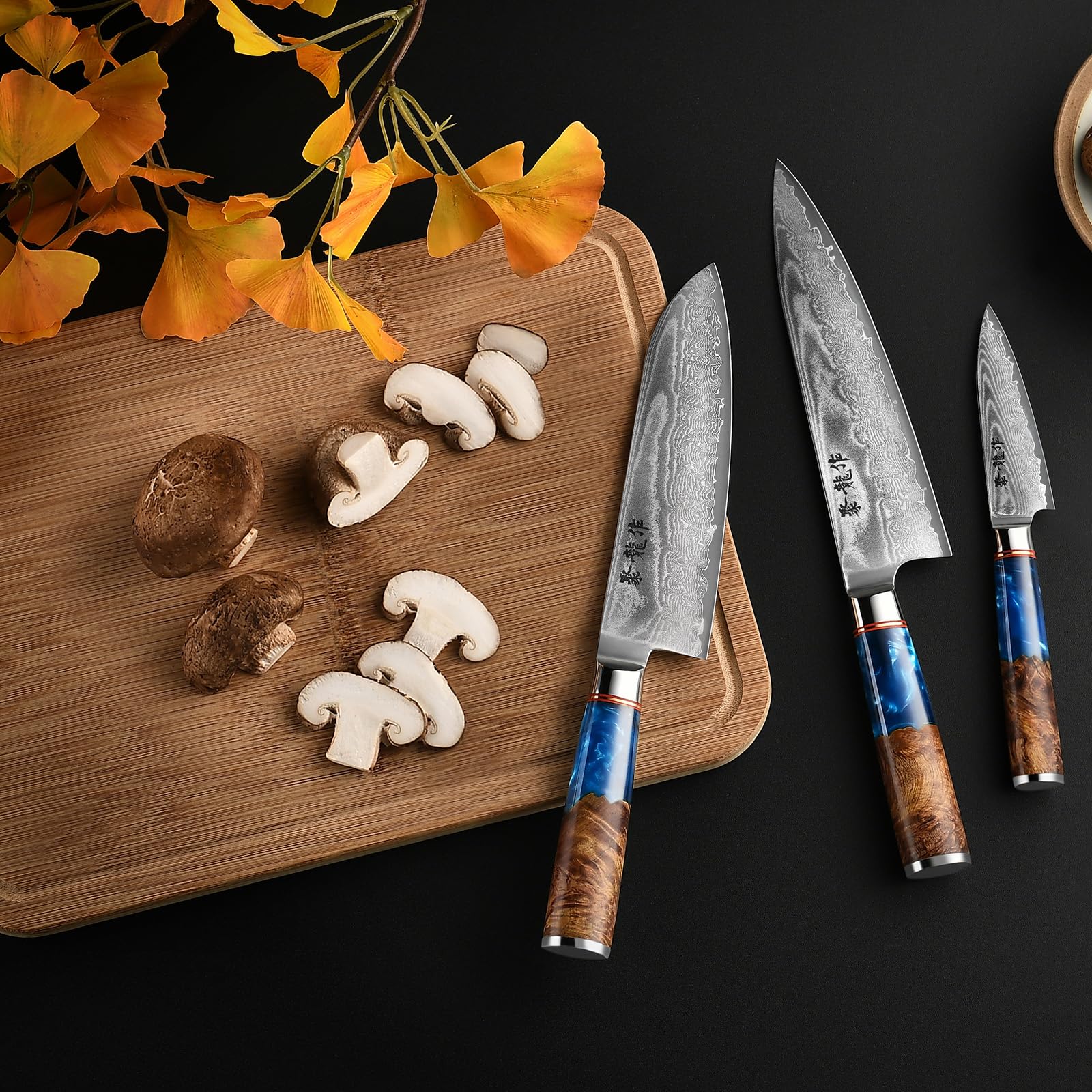 Japanese Chef Knife Set 3 Pcs, 67-Layer Damascus Kitchen Knife Set with VG10 Steel Core, Professional Sharp Damascus Knives with Ocean-Blue Ergonomic Handle, Include Elegant Cooking Gifts Box — Amazon image 2