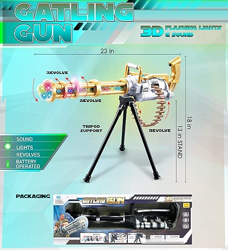 Miniatura 2 de Mozlly - Ametralladora Gatling de 23 pulgadas, incluye trípode con luces LED intermitentes para disparar, escopeta giratoria para niños, rifle