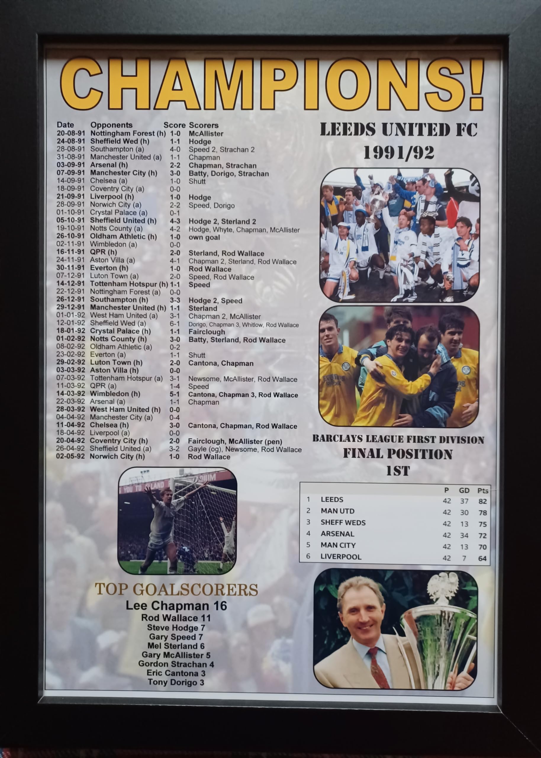 Assorted Leeds United Football League First Division Champions 1991-92 - framed print