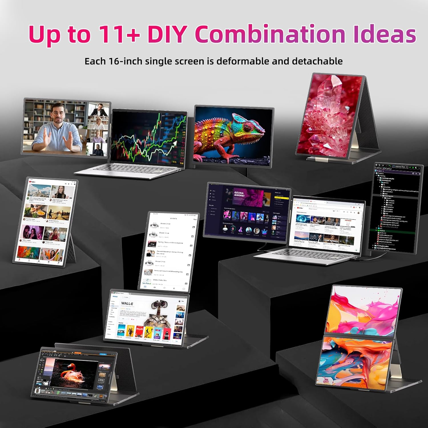 Triple Laptop Screen Extender, 16" Triple Screen Laptop Monitor Extender, FHD 1200P IPS Triple Monitor, 235° Rotation Plug&Play for Multi-Screen Work/Travel/Conference/Study - Image 3