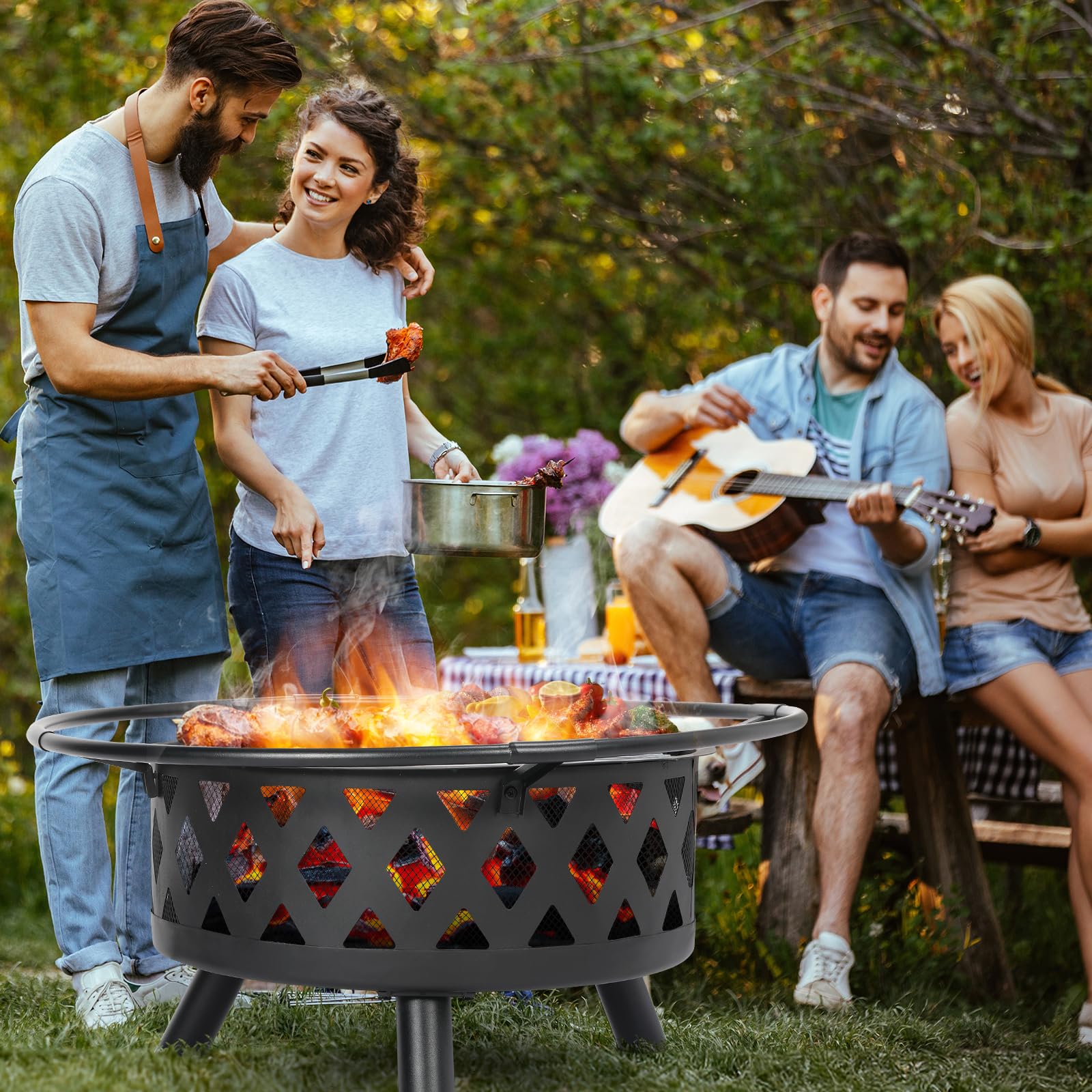 TLSUNNY Braciere con Griglia, Grande Braciere da Giardino con Parascintille & Attizzatoio, Ø 80 cm Bracieri da Esterno per Barbecue, Multifunzionale, Barbecue e Riscaldamento
