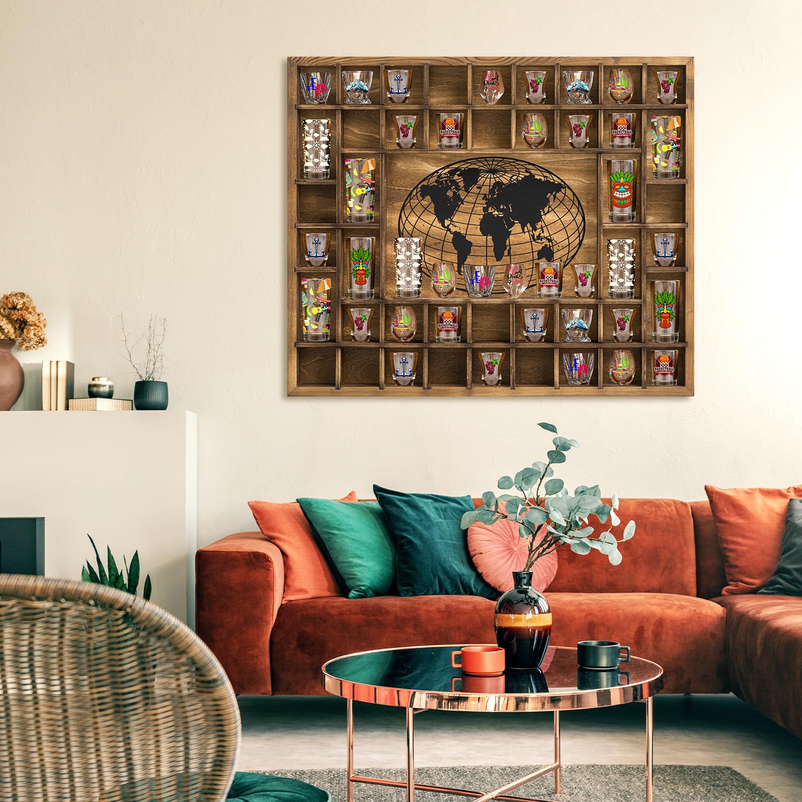 GlikCeil Große Weltkarte mit 44 Fächern, Schnapsglas-Vitrine, 71,1 x 58,9 cm, rustikaler Holz-Schnapsglashalter für 2 Größen, Weinglas, Bar, Regal, Organizer, Wandhalterung, Aufbewahrung,