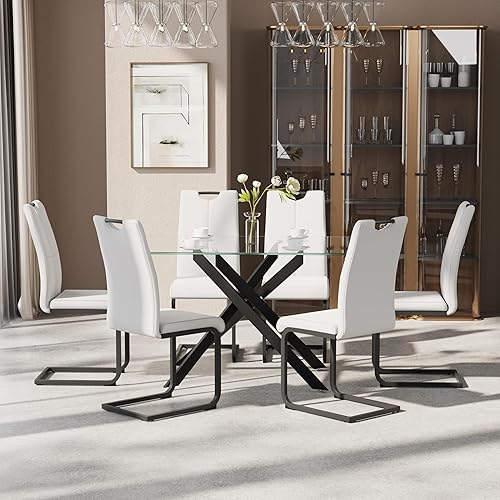 Miniatura 3 de Juego de mesa de comedor de 7 piezas para 6, mesa rectangular moderna de cristal con 6 sillas tapizadas de cuero, juegos de mesa y sillas de comedor