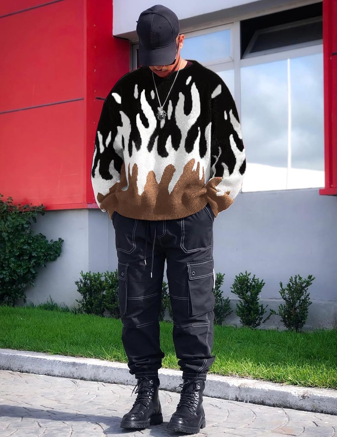 ZAFUL Mens Y2K Aesthetic Flame Graphic Casual Sweater Loose Knit Jumper Pullover Long Sleeve Crewneck Sweaters - Image 3