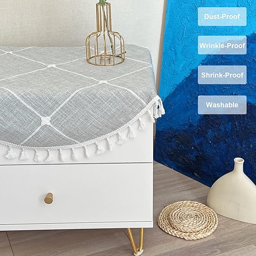 Miniatura 4 de Hpxrom Mantel redondo pequeño de algodón y lino, celosía gris, a prueba de polvo, lavable, estilo bohemio, para decoración de mesa auxiliar, cocina,