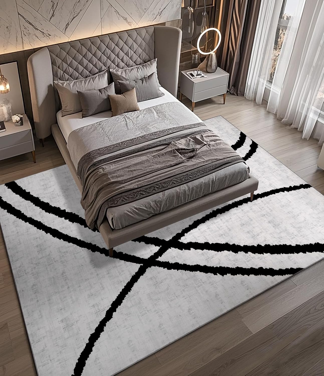 YIHOUSE Modern Area Rugs for Living Room, 8x10 Washable Black and White Rug, Thin Abstract Geometric Striped Rug, Area Rug for Bedroom,Kitchen,Dining Room,Office
