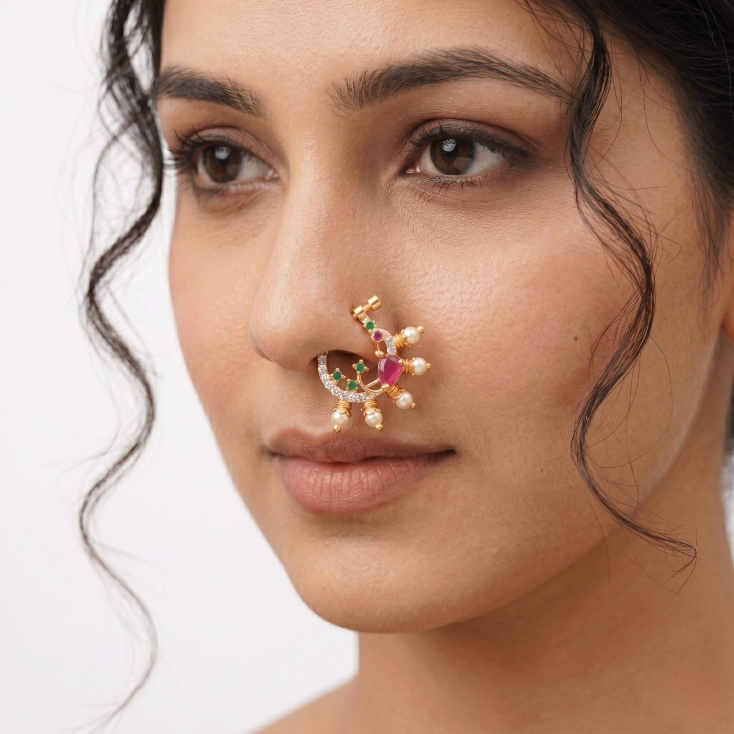 Gold Plated CZ Stone Traditional Maharashtrian Nath Nose Ring for Women | Pink Teardrop Stone & Green CZ Studded Nose Pin | Pearl Drop Ethnic Bridal Nath | Festive & Wedding Jewelry-image-44