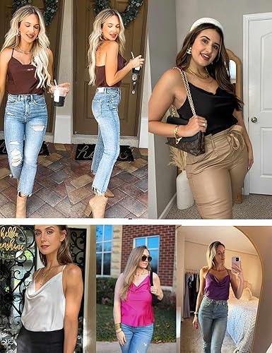 Miniatura 6 de Ekouaer Camiseta sin mangas de satén con cuello vuelto para mujer, camisola sedosa suelta sin mangas, blusa básica de satén para mujer