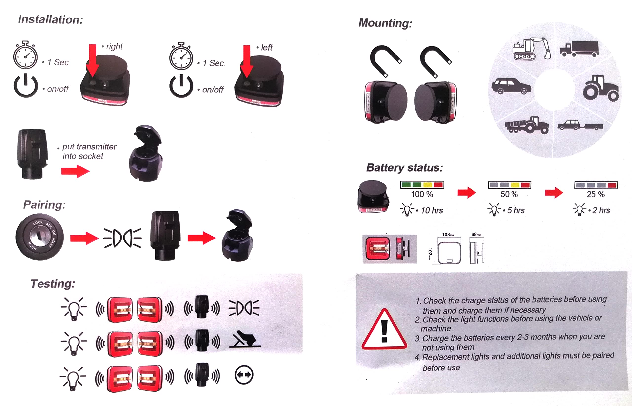 Placa de luces remolque led inalámbrico magnético 12V 24V aprobado E-Mark recargable impermeable luz trasera inalámbrica para coche camión tractor granja vehículo