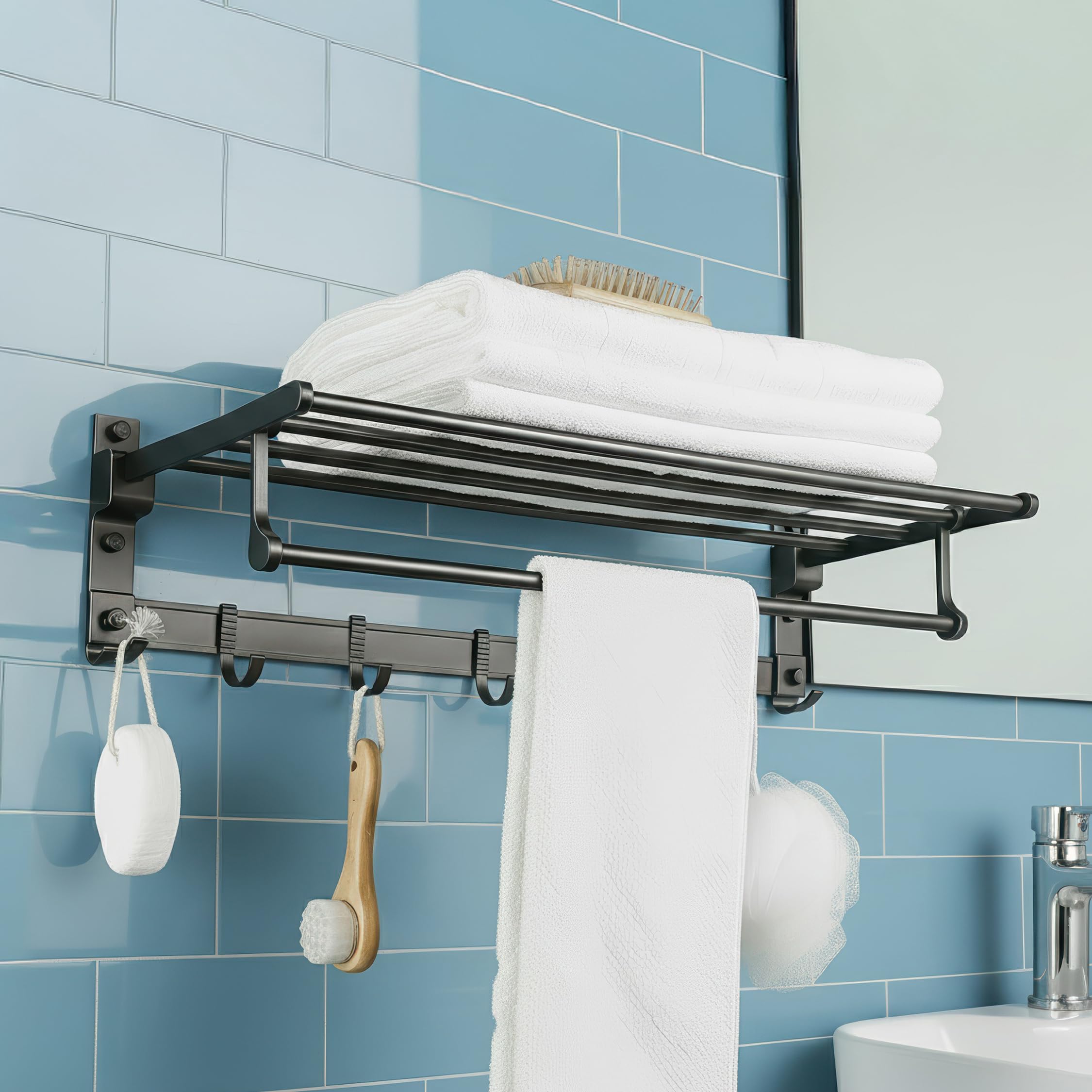 Amazon Basics Towel Holder in Bathroom 24 Inch, Foldable Wall Mounted Double Tier Aluminum Towel Rack for Bathroom with Shelf, Rod & Hooks, Rustproof Bathroom Organizer