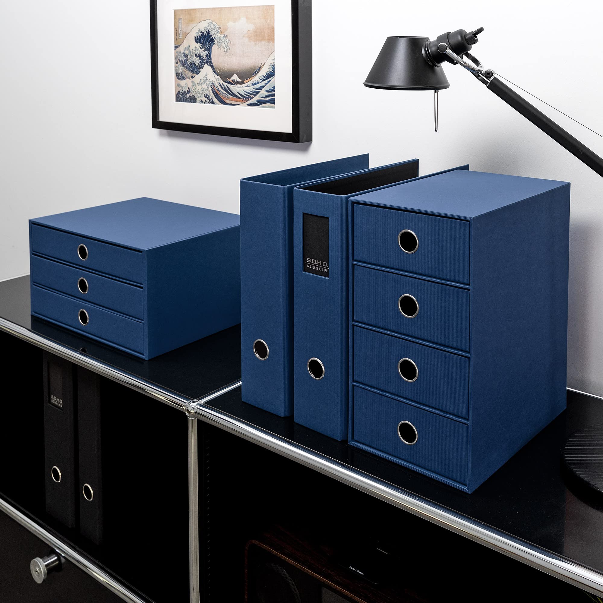 Rössler Soho Petit meuble de rangement 3 tiroirs pour documents A4 Bleu marine | Organiseur de bureau pour documents, dossiers, fournitures de bureau et rangement organisé