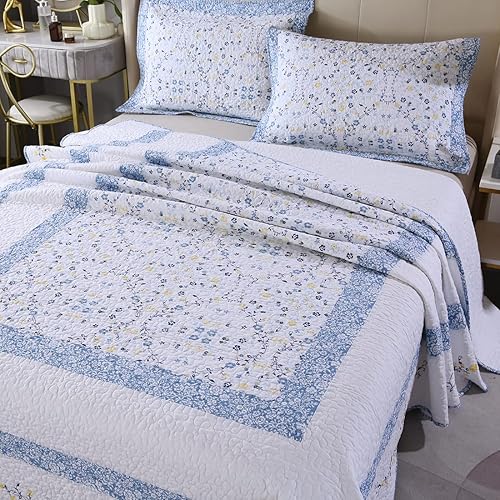 Miniatura 4 de vctops Juego de edredón acolchado con bordado floral 100% algodón, tamaño Queen, 3 piezas, reversible, ligero, borde festoneado, 1 edredón y 2