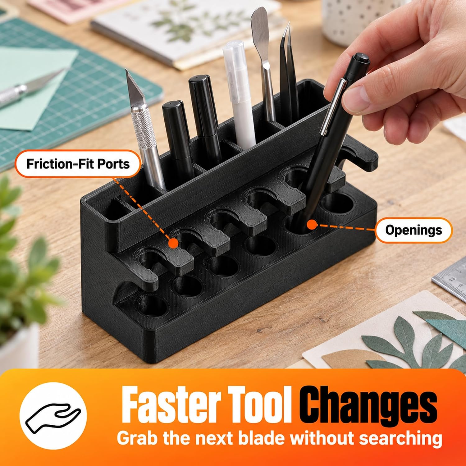 Craft Tool Organizer Compatible with Cricut Maker – Freestanding Blade and Pen Storage | Friction-Fit Ports | Desktop Caddy for Die Cutting Workspaces