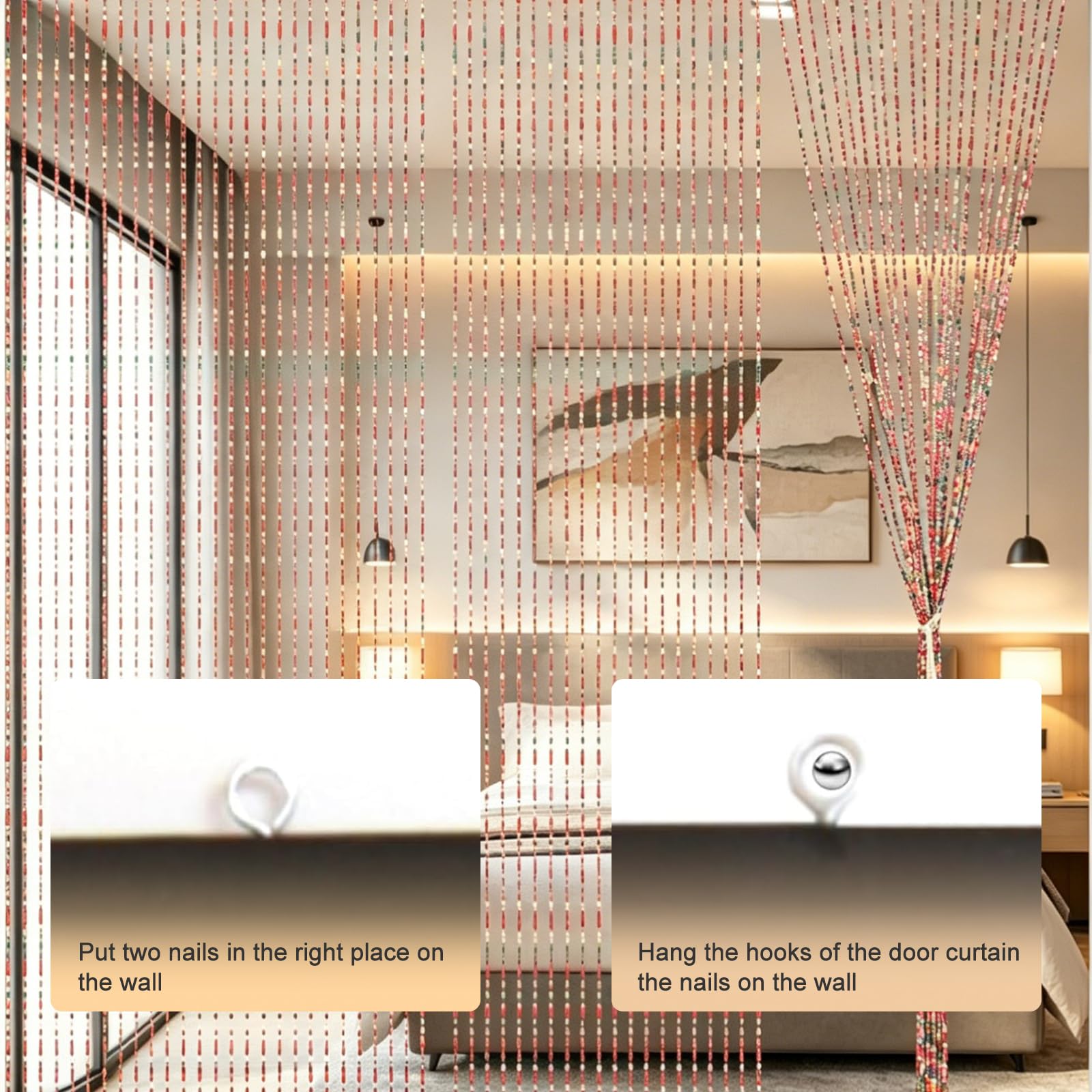 Rideau de porte en perles de bambou 90 x 200 cm, 52 brins pour portes | Rideau de porte rétro fait à la main pour fenêtres, portes, chambres comme rideau de décoration et moustiquaire