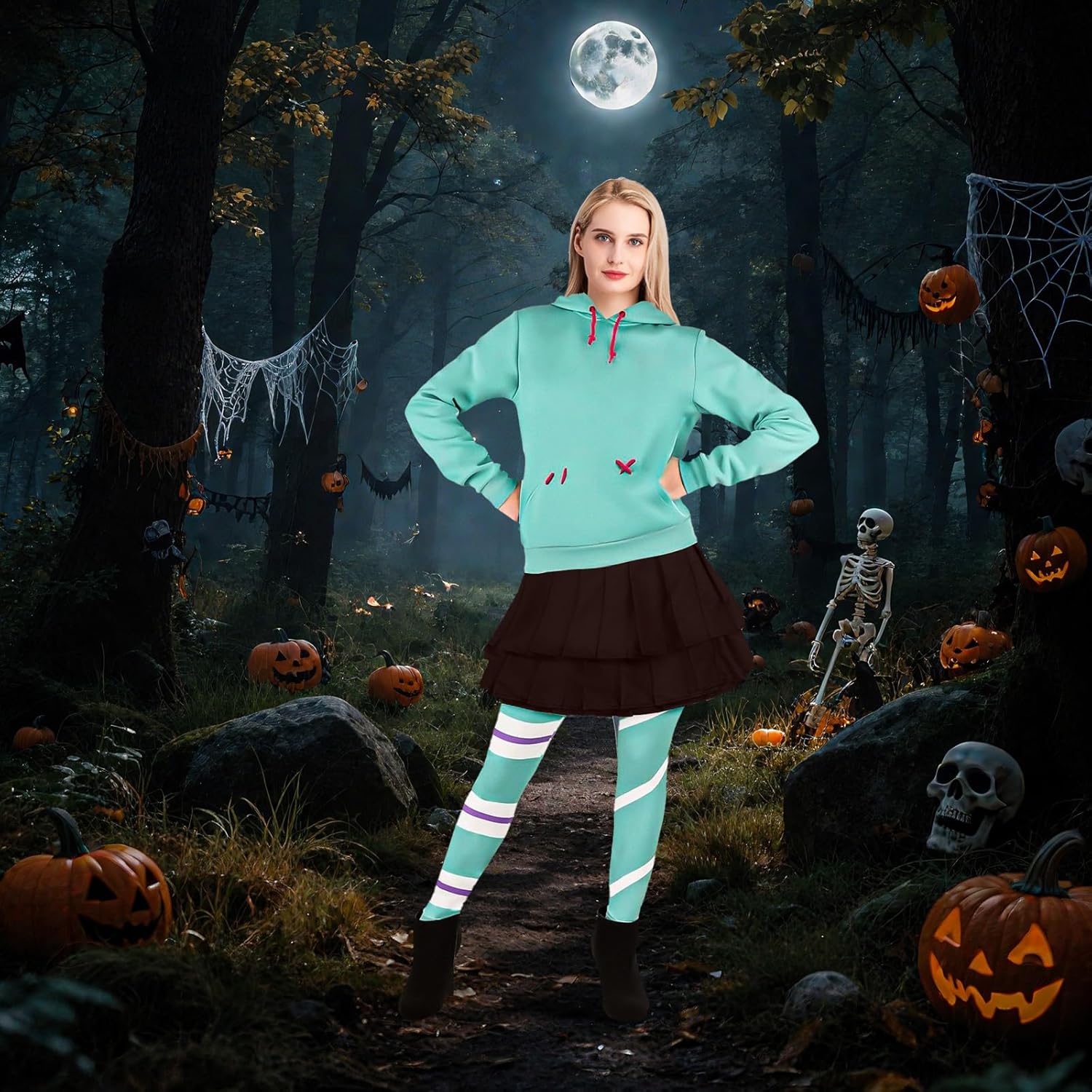 Vane Costume Women's Cosplay Outfit Halloween Mint Green Adult Hoodie Long Sleeve Skirt Pantyhose Set Christmas
