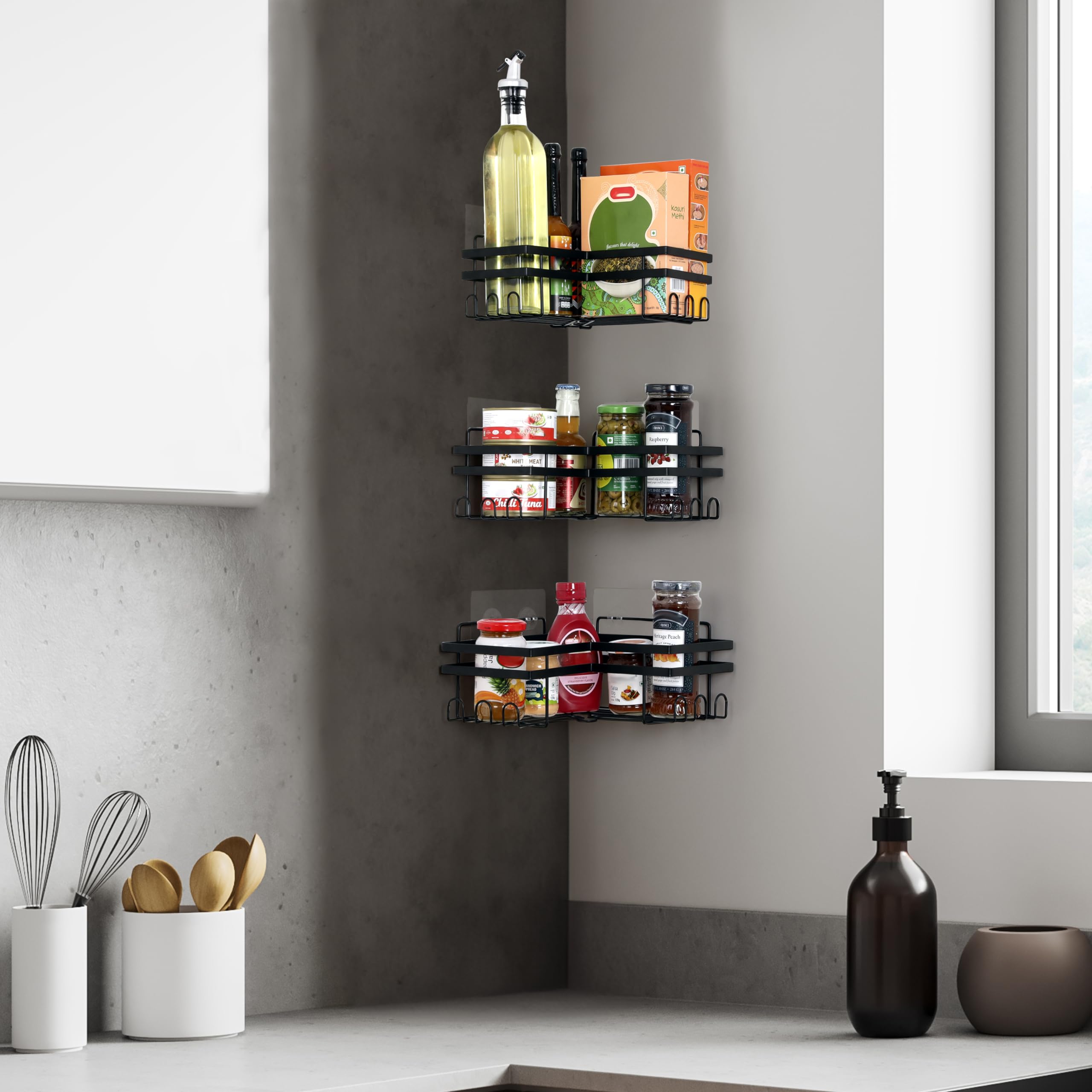 Belle Vous 3 Pezzi Mensola Angolare Doccia con Ganci - Set di Mensole Adesive da Bagno - Mensole Bagno Senza Foratura in Ferro per Sapone, Shampoo o Per la Cucina