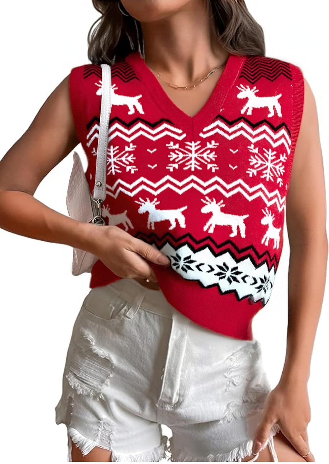 JULYCLO Christmas Sweater Vest Women Ugly Xmas Reindeer Knit Sweaters Casual Santa Snowflake V Neck Sleeveless Outwear Tops