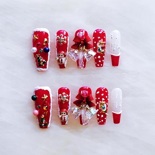 Christmas Press-On Nails, Long Ballerina Shape, Red and White Design