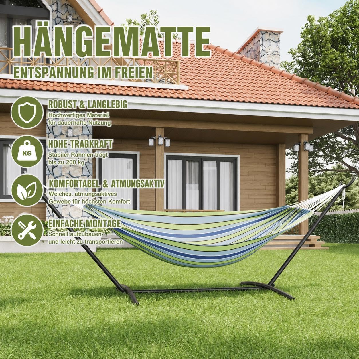 Hamaca doble resistente con estructura de acero – Plegable y portátil – Hasta 227 kg – Comodidad de poliéster algodón – Para jardín, terraza, camping e interior – Incluye bolsa de transporte – Rayas