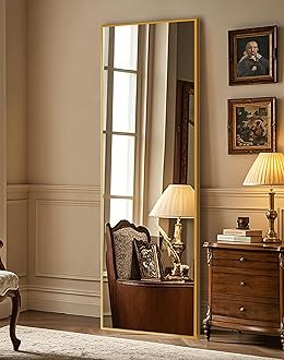 Delma Full Length Mirror,Large Floor Mirror with Aluminum Frame for Bedroom, Bathroom, Living Room,Wall Mount or Freestanding Design(with Stand,Rect 56x15-Gold)