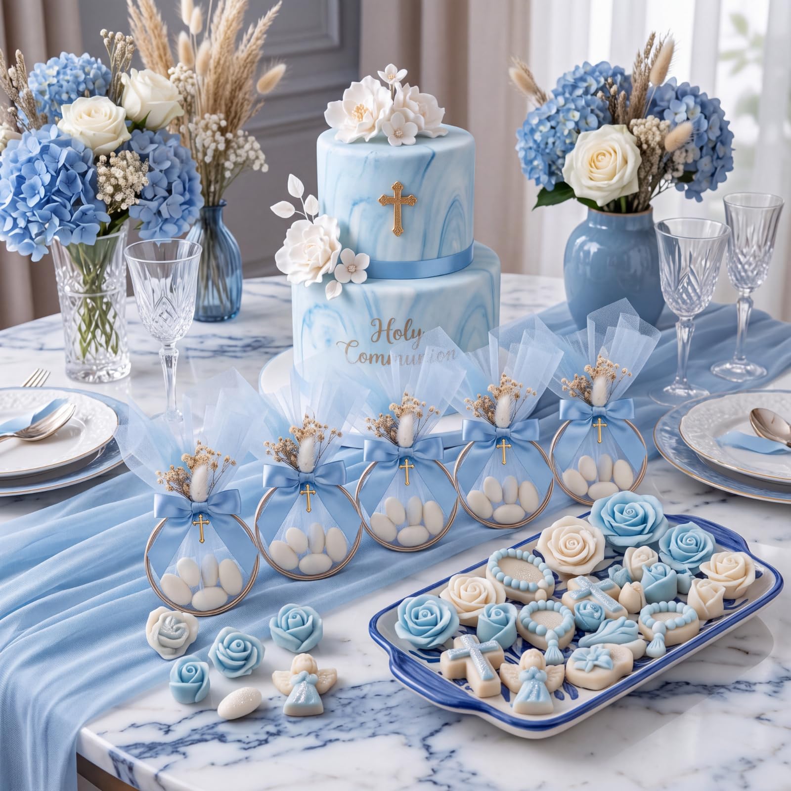 Geelin Set di 24 sacchetti di tulle per battesimo, mandorle, per bomboniere fai da te, per feste, prima comunione, per ospiti, matrimoni, addio al nubilato, senza mandorle (blu)