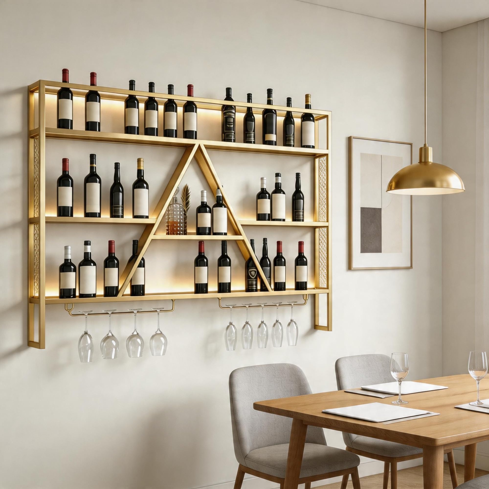Meuble de bar flottant en métal doré 120cm avec étagère murale lumineuse pour cuisine