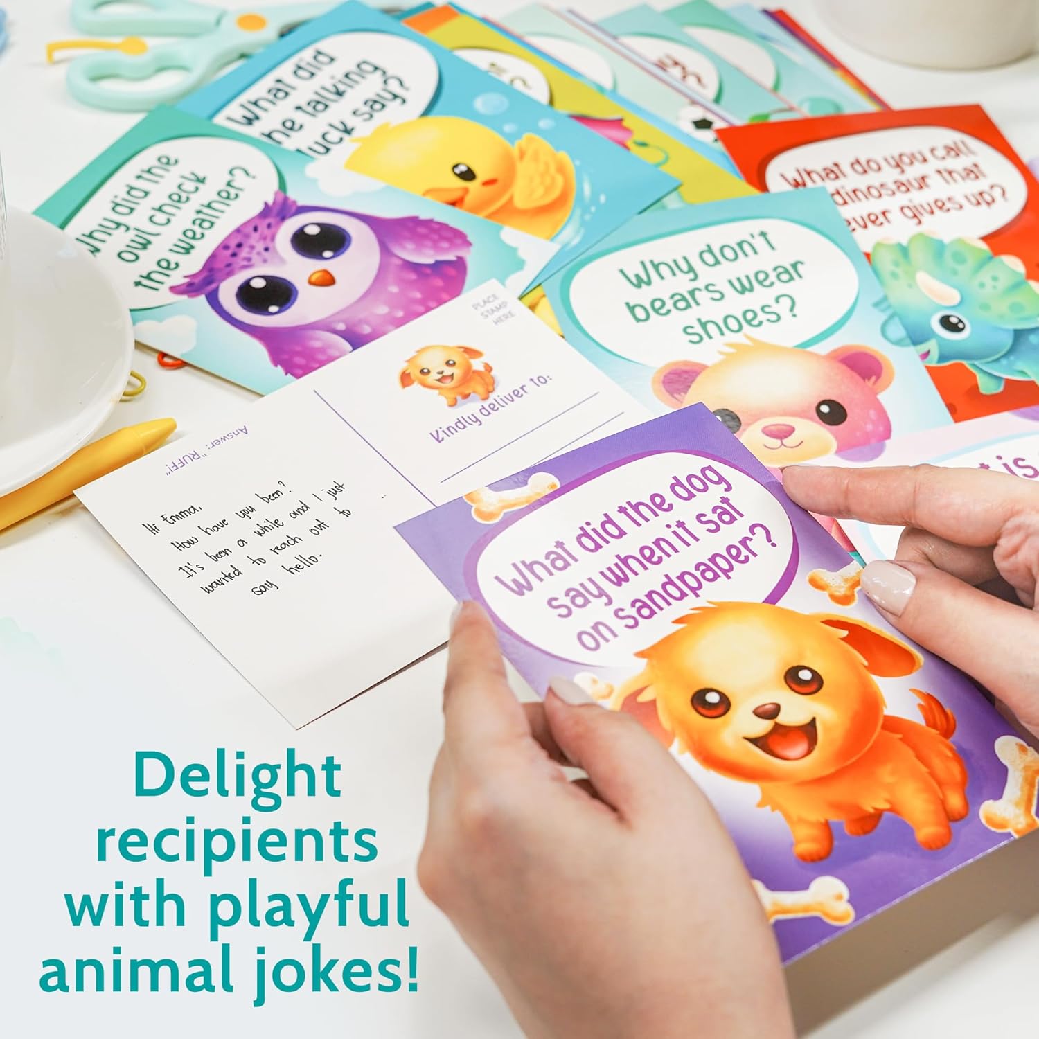 T MARIE 40 Funny Animal Joke Postcards with No Repeats - Humorous Bulk Thinking of You Postcards for Kids, Grandkids, Students, and Teachers, Summer Camp, Lunchboxes and More - Fun Cartoon Postcards - Image 6