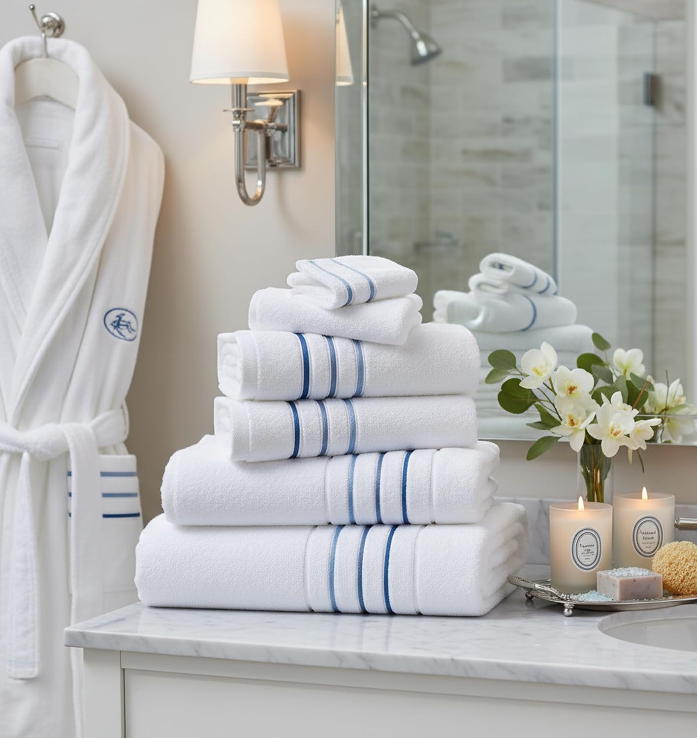 Bath Towel Set_White Towel For Bathroom, Luxury Hotel &Spa Quality, 100% Cotton .Includes 2 Large Bath Towels, 2 Hand Towels and 2 Washcloths.Super Soft, Absorbent & Decorative (White/Azure Blue) - Image 5