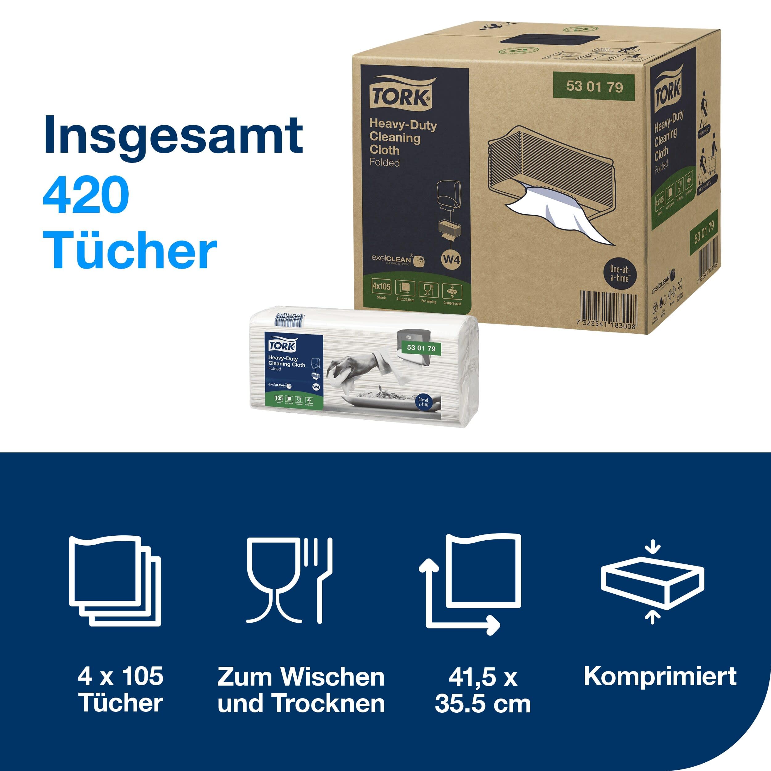 Tork Extra Starke Reinigungstücher Weiß W4, Mehrzweck, 4 × 105 Tücher, 530179