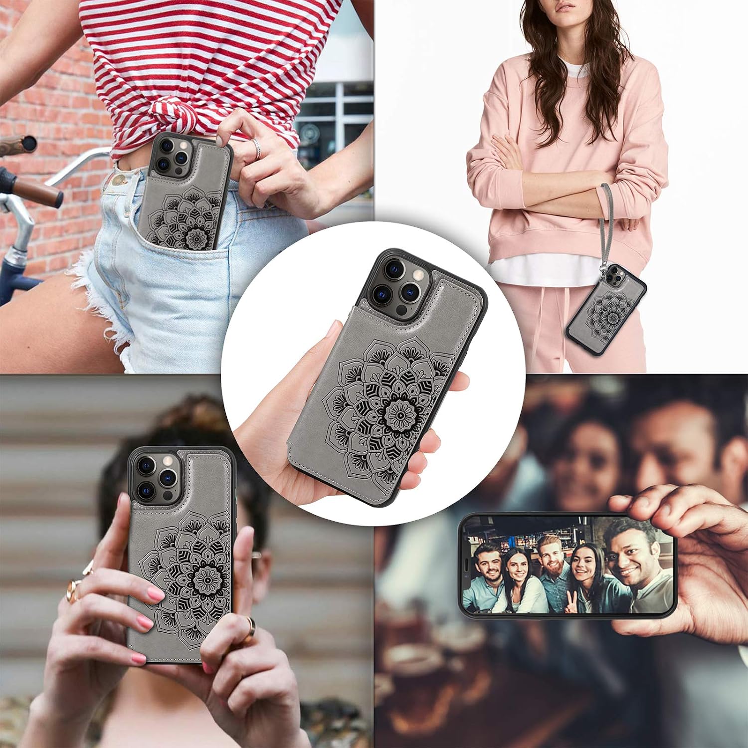 CASEOWL Case Wallet Compatible for iPhone 12 Pro Max with Card Holder,RFID Blocking,Kickstand,Wrist Strap,Fit Magnetic Car Mount,Mandala Embossed Leather Case Compatible for iPhone 12 Pro Max,Gray