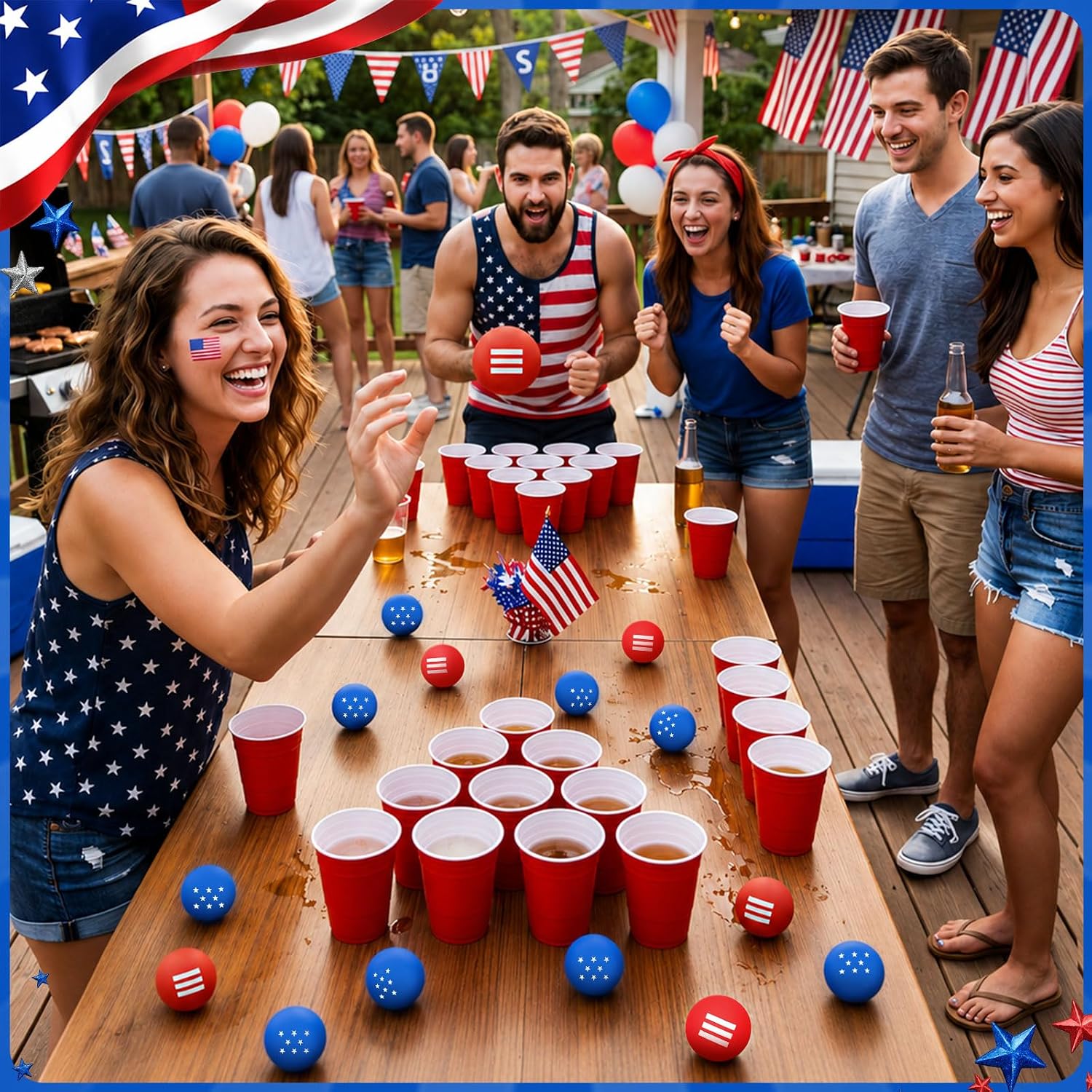 Junkin 24 Pack 4th of July Table Tennis Balls, 40mm Red White Blue | Patriotic Star Stripe Design, Beer Game Props for July Outdoor Party, Backyard BBQ Decorations, Bulk Plastic Set