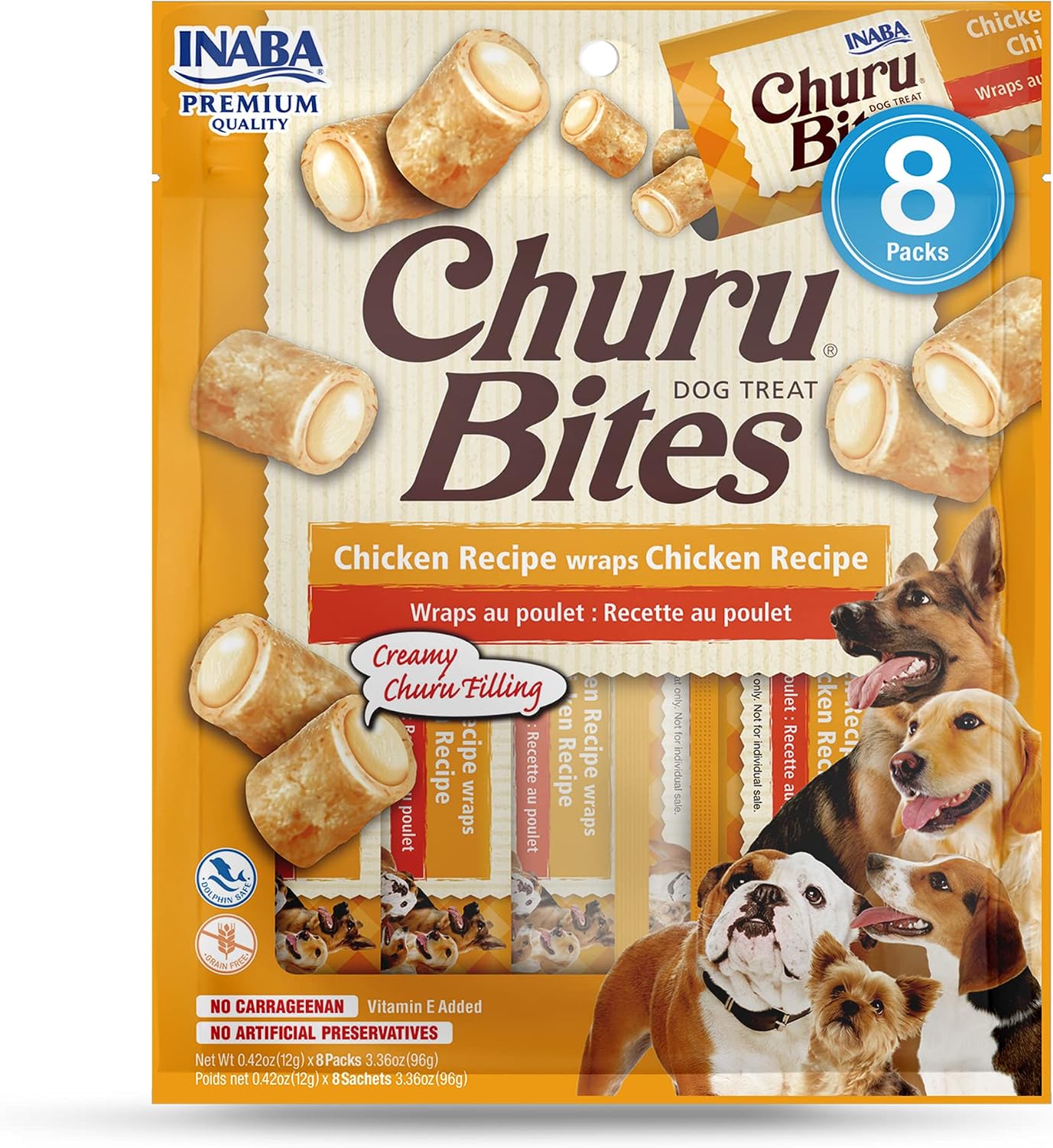 INABA Churu Bites for Dogs, Grain-Free, Soft/Chewy Baked Chicken Wrapped Churu Filled Dog Treats, 0.42 Ounces Each Tube | 8 Tubes Total