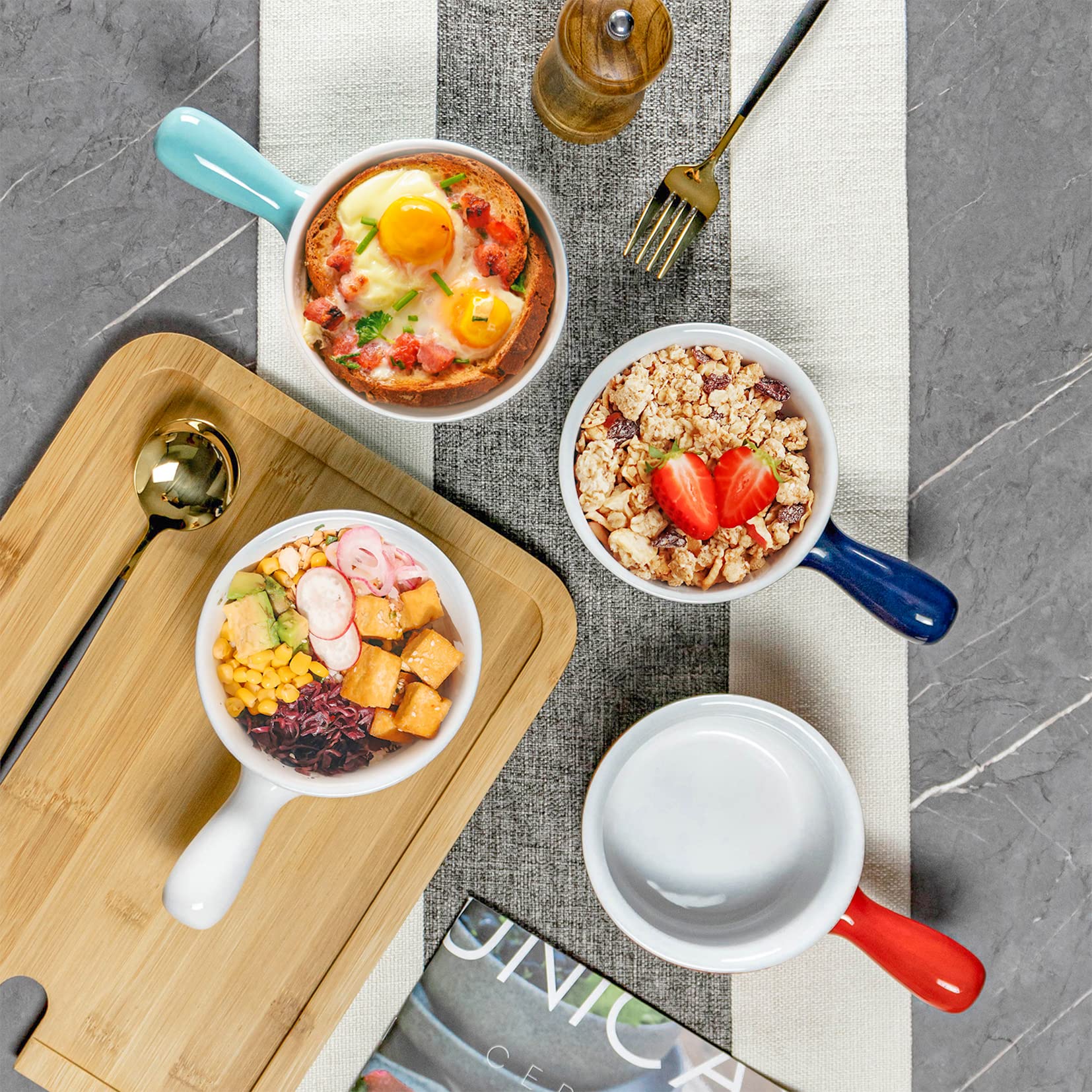 UNICASA Juego de 4 Tazones de Sopa con Asa, Tazón de Cebolla Francesa de 400ML, Tazón de Porcelana para Sopa para 4 Personas - Rojo, 4 x 400ml