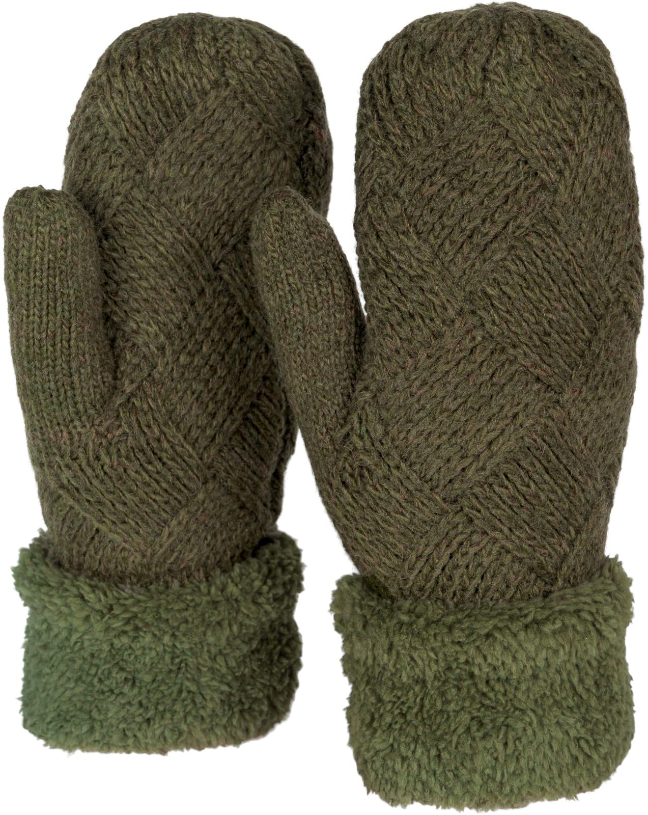 Stylebreaker Women's Olive Warm Winter Knitted Mittens, Gloves With Diamond Pattern, Thermo Fleece, Knitted Gloves 09010031, Colour: