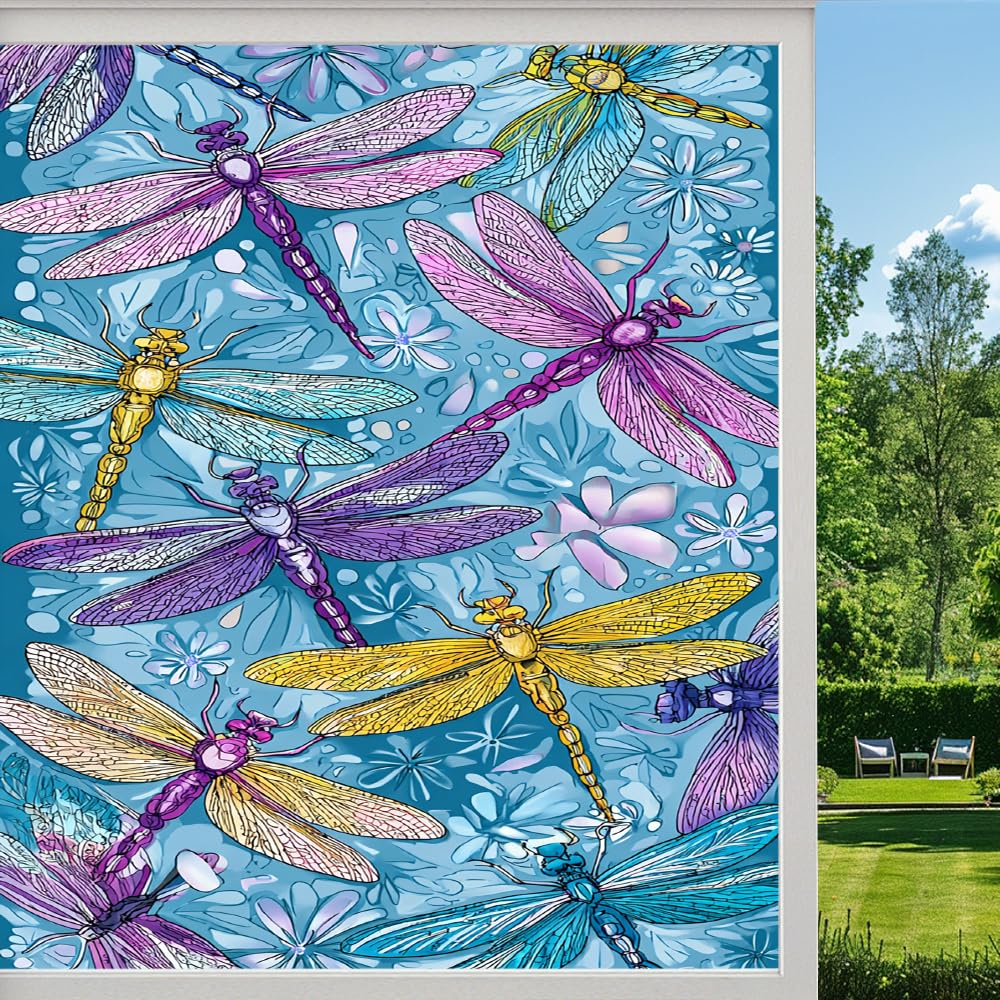 Pmlbaous Abstract Dragonfly Frosted Window Film, Nature Aesthetic Floral Stained Glass Privacy Film, Heat Insulation Self-Adhesive Vinyl For Bathroom Office, （80X140cm）